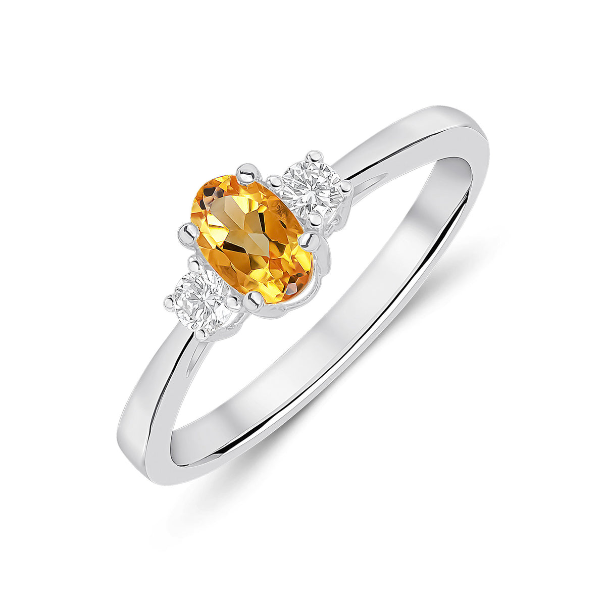 9CT WG 6X4 OVAL CITRINE AND ROUND DIAMOND CLAW SET 3ST RING