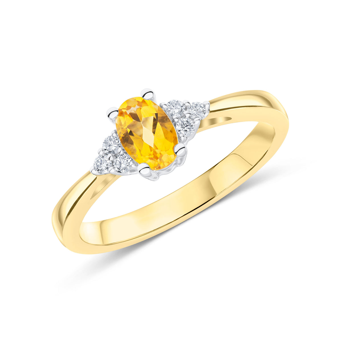 9CT YWG 6X4 OVAL CITRINE AND ROUND DIAMOND TREFOIL SHOULDERS RING