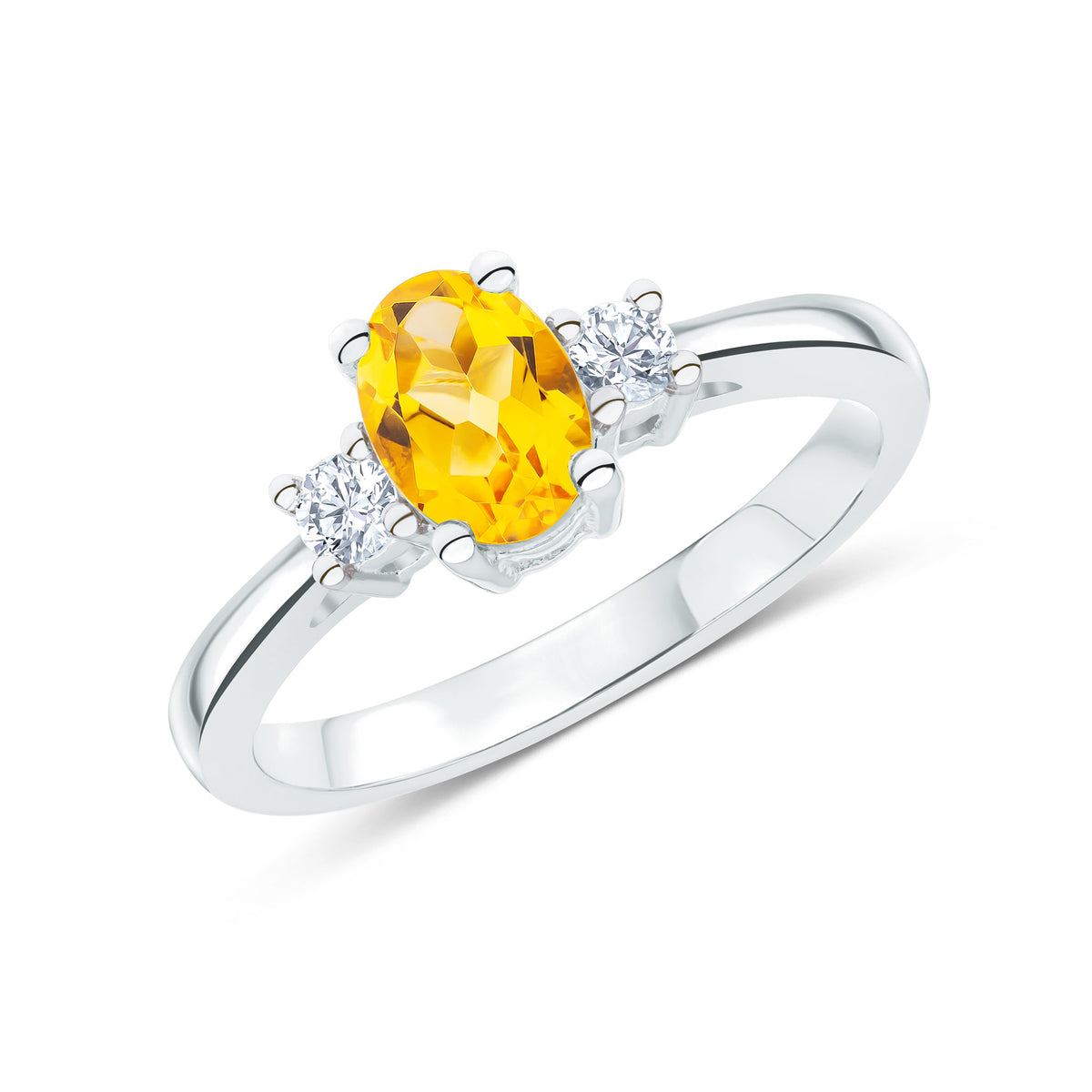9CT WG 7X5 OVAL CITRINE AND ROUND DIAMOND CLAW SET 3ST RING