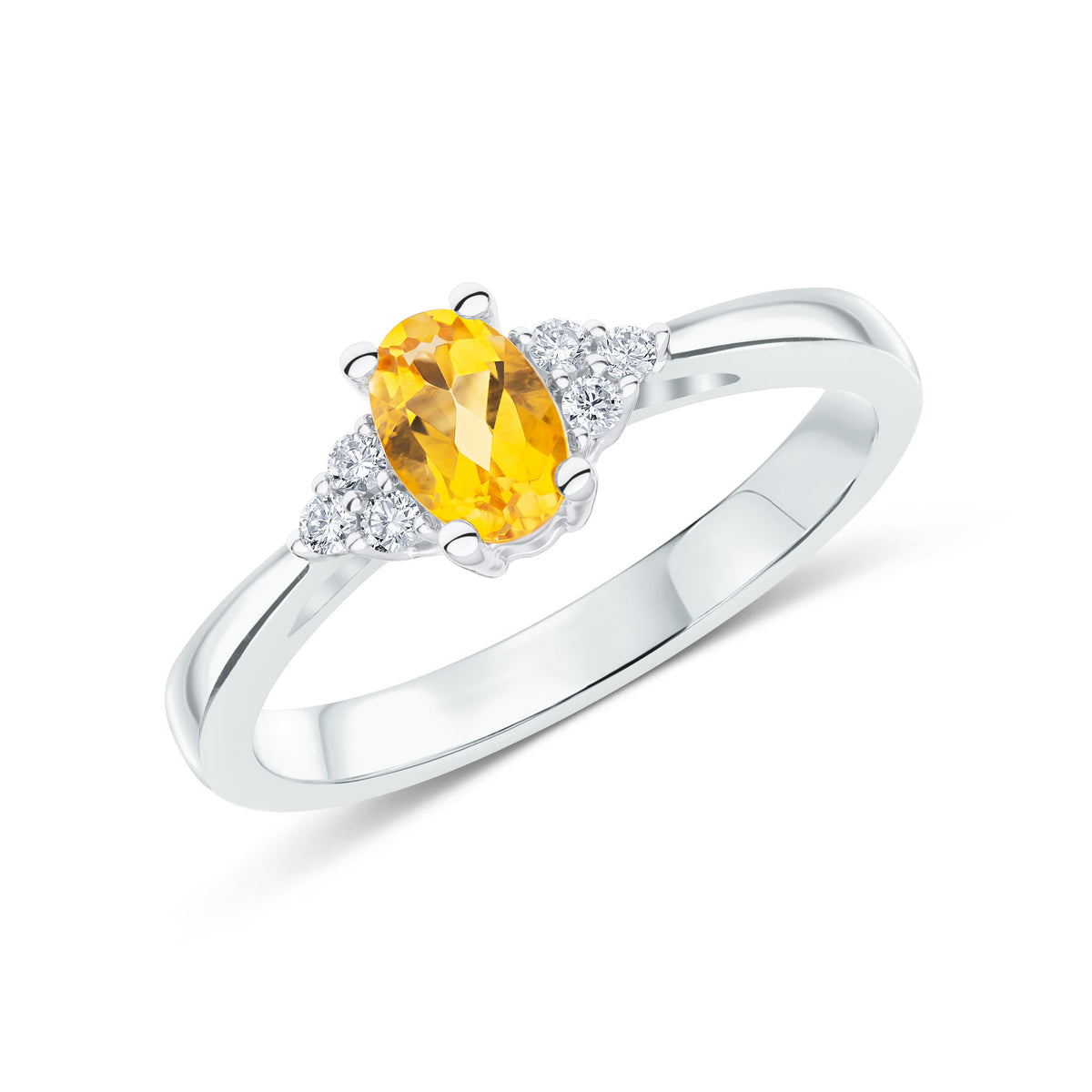 9CT WG 6X4 OVAL CITRINE AND ROUND DIAMOND TREFOIL SHOULDERS RING