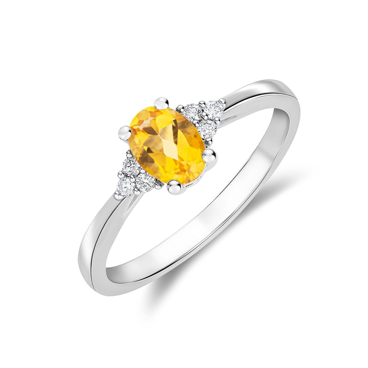 9CT WG 7X5 OVAL CITRINE & DIAMOND TREFOIL SHOULDERS RING