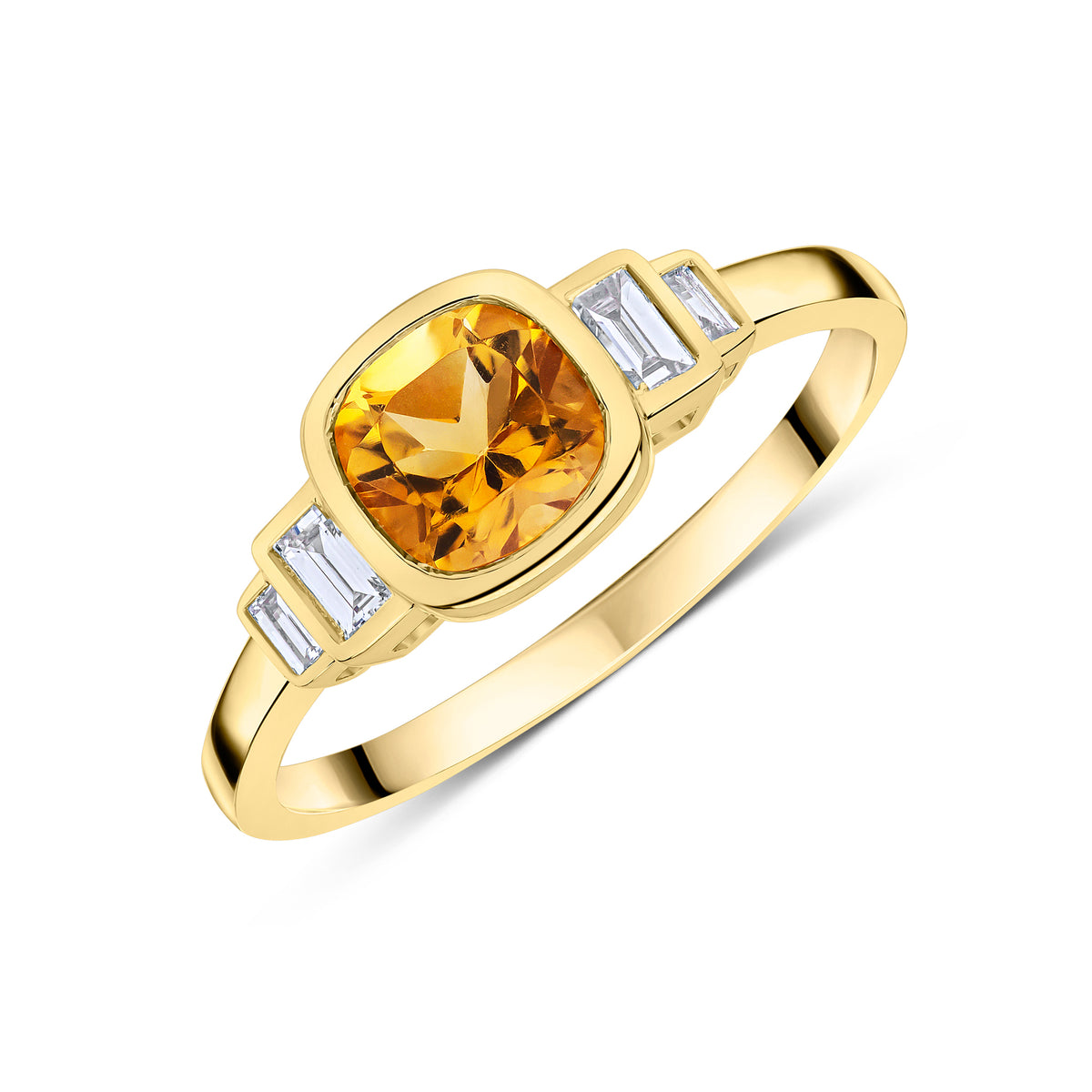 9CT YG 6MM CUSHION CITRINE & BAGUETTE DIAMOND 2ST STEPPED SHOULDERS RING