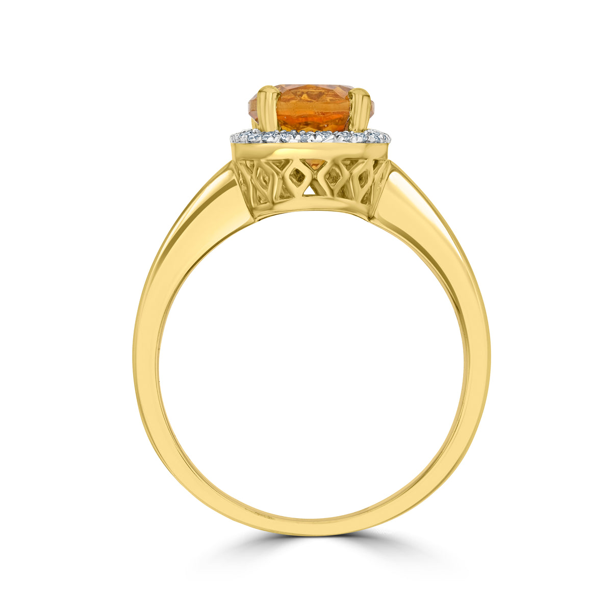 9CT YG 9X7 OVAL CITRINE AND DIAMOND CLAW SET CLUSTER RING. RHODIUM TO DIAMONDS