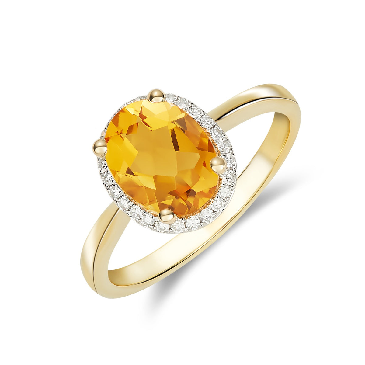 9CT YG 9X7 OVAL CITRINE AND DIAMOND CLAW SET CLUSTER RING. RHODIUM TO DIAMONDS