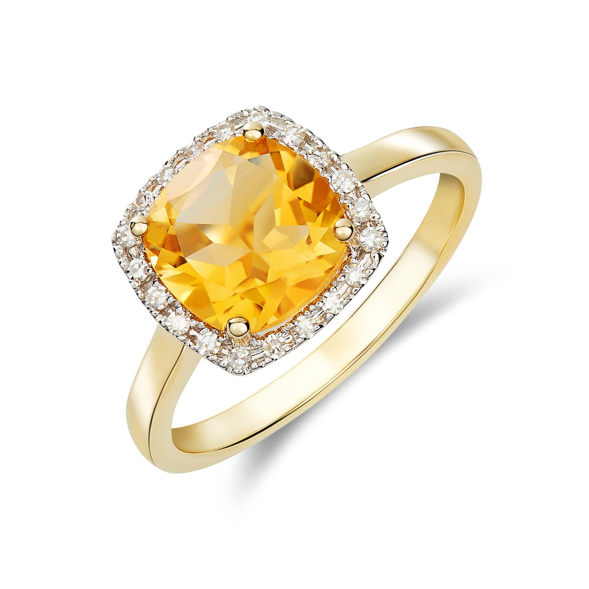 9CT YG 8MM CUSHION CITRINE AND ROUND DIAMOND CLAW SET CLUSTER RING. RHODIUM TO DIAMONDS