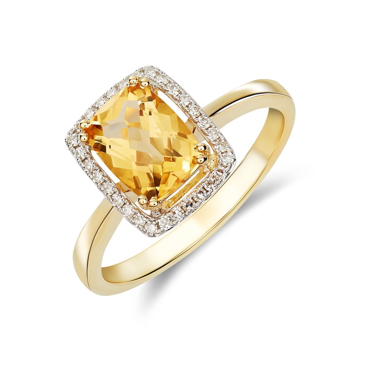 9CT YG 8X6 CUSHION CHECKERBOARD CUT CITRINE & DIAMOND HALO CLUSTER RING. RHODIUM TO DIAMONDS
