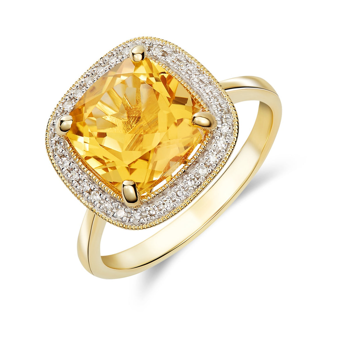 9CT YG 9MM CUSHION CITRINE AND DIAMOND CLUSTER RING WITH MILLEGRAIN EDGE. RHODIUM TO DIAMONDS
