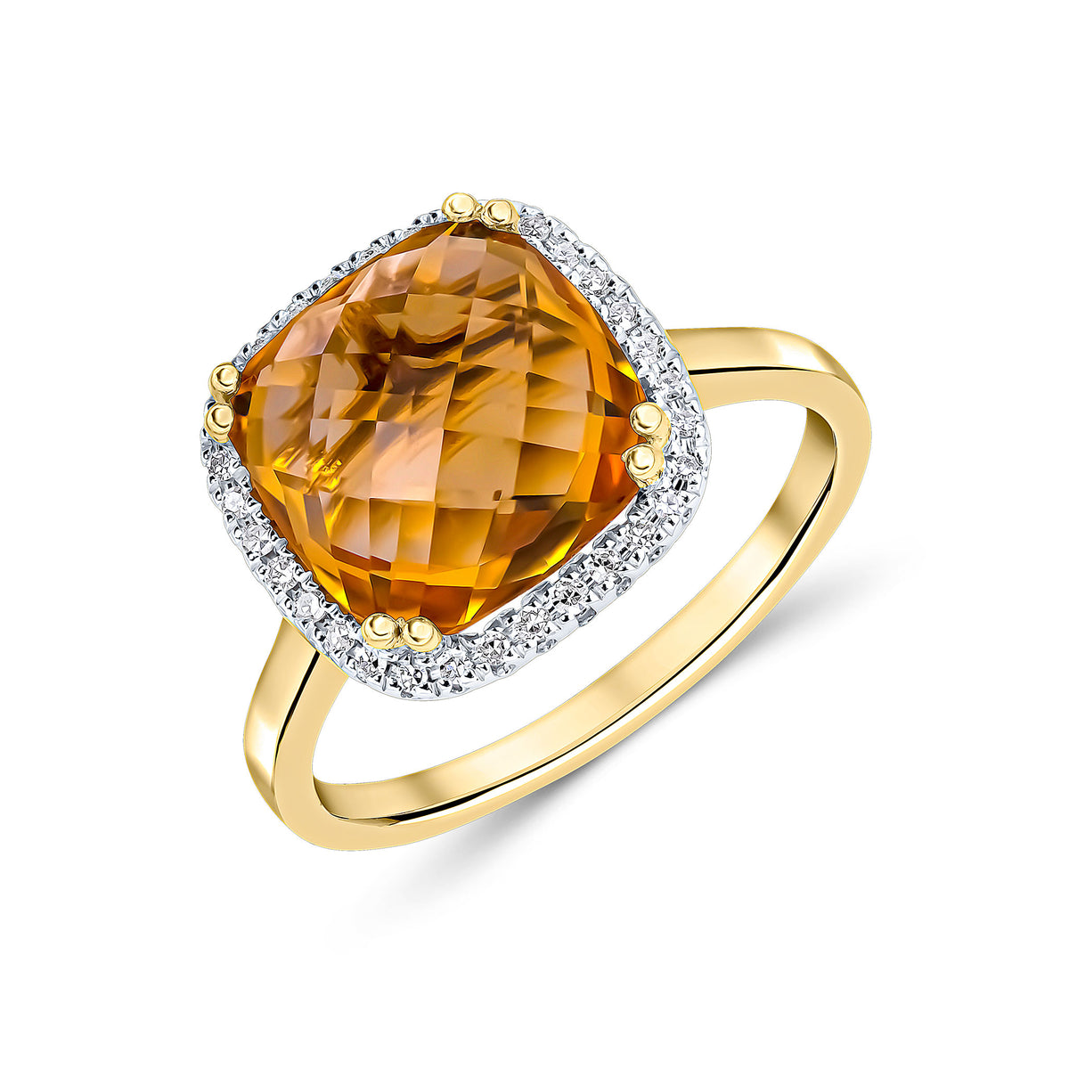 9CT YG 10MM CHECKERBOARD CUT CUSHION CITRINE & DIAMOND CLAW SET CLUSTER RING. RHODIUM TO DIAMONDS