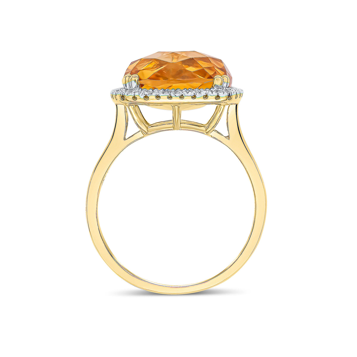 9CT YG 12MM CHECKERBOARD CUT CUSHION CITRINE AND ROUND DIAMOND CLAW SET CLUSTER RING. RHODIUM TO DIAMONDS