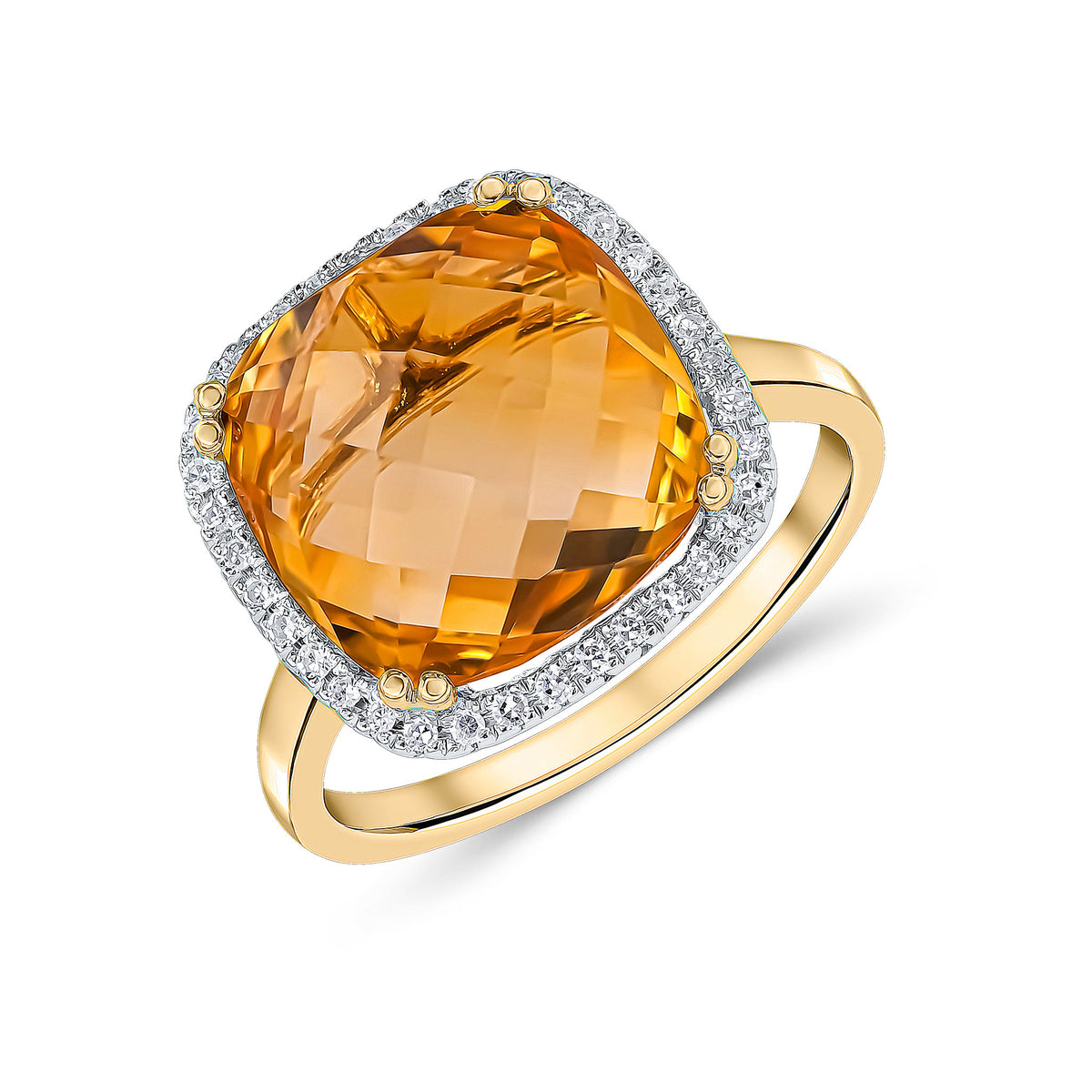 9CT YG 12MM CHECKERBOARD CUT CUSHION CITRINE AND ROUND DIAMOND CLAW SET CLUSTER RING. RHODIUM TO DIAMONDS