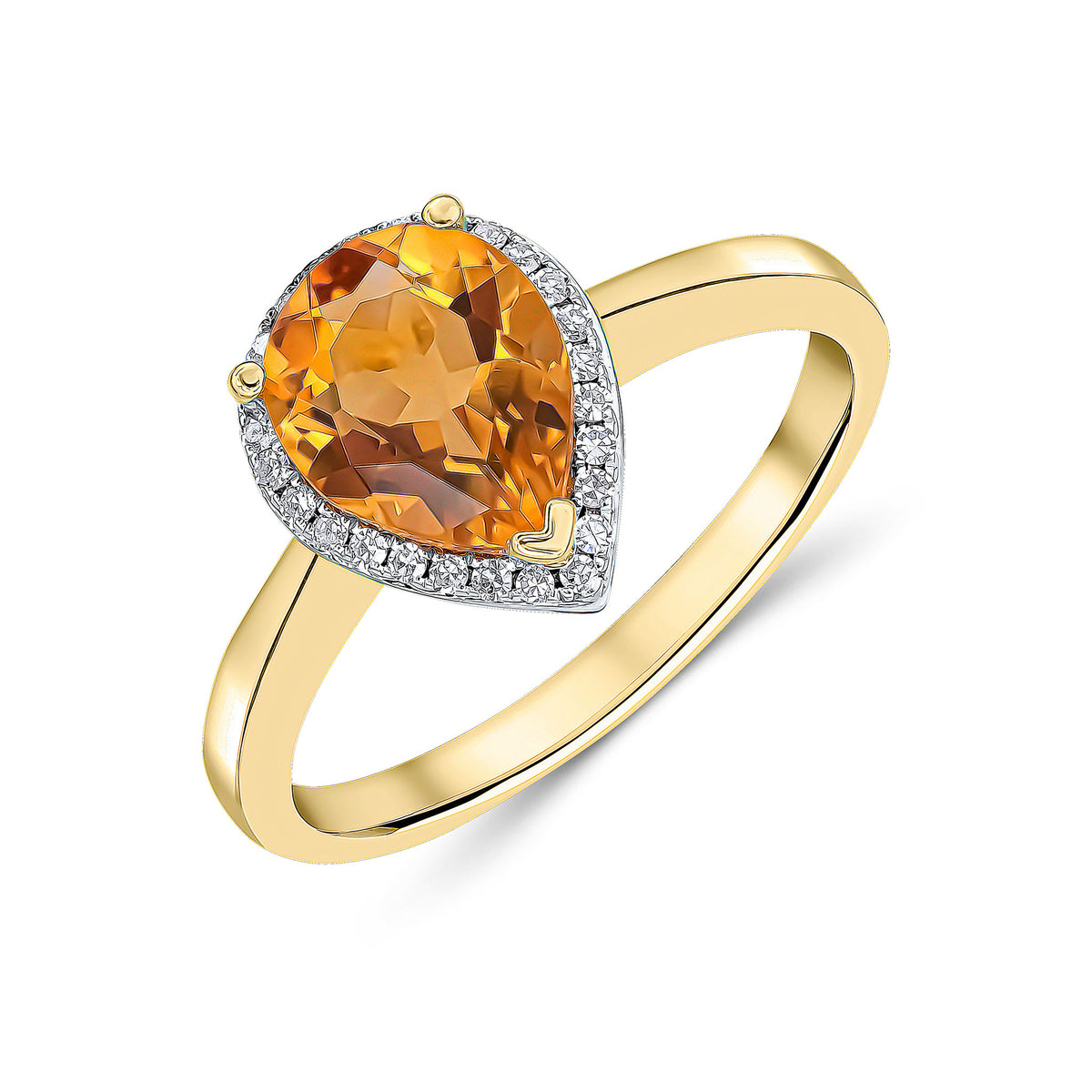 9CT YG 9X7 PEARSHAPE CITRINE & DIAMOND CLAW SET CLUSTER RING. RHODIUM TO DIAMONDS