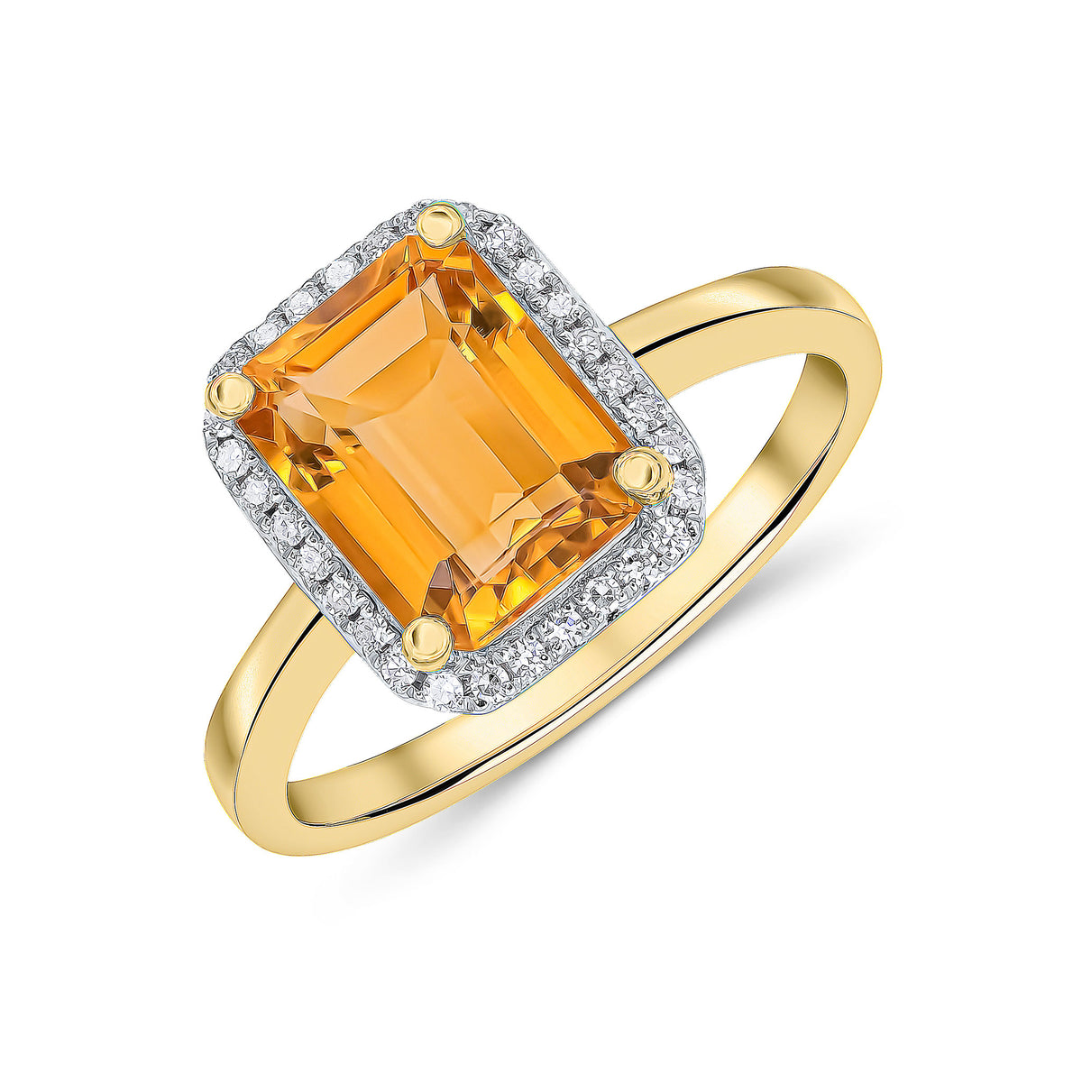 9CT YG 9X7MM OCTAGON CITRINE & DIAMOND CLAW SET CLUSTER RING. RHODIUM TO DIAMONDS