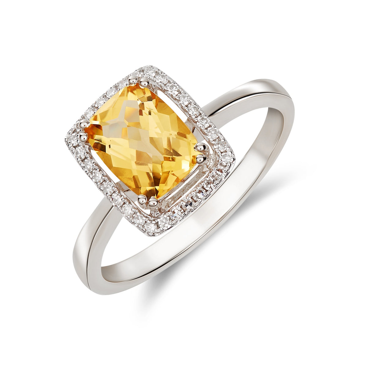 9CT WG 8X6 CUSHION CHECKERBOARD CUT CITRINE & DIAMOND HALO CLUSTER RING