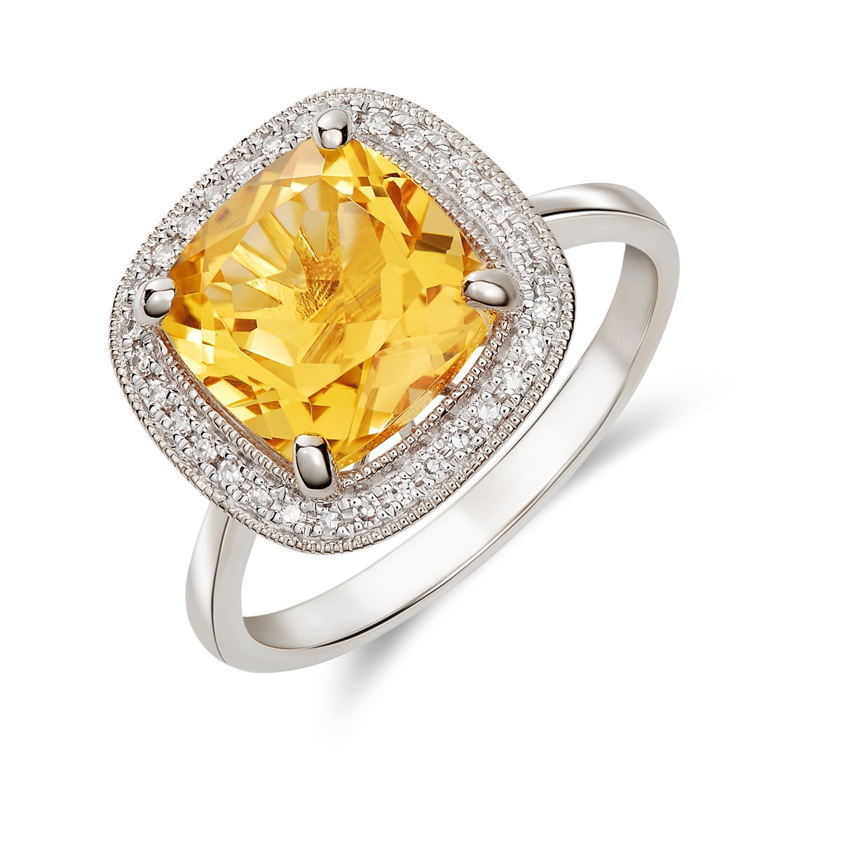 9CT WG 9MM CUSHION CITRINE AND DIAMOND CLUSTER RING WITH MILLEGRAIN EDGE.