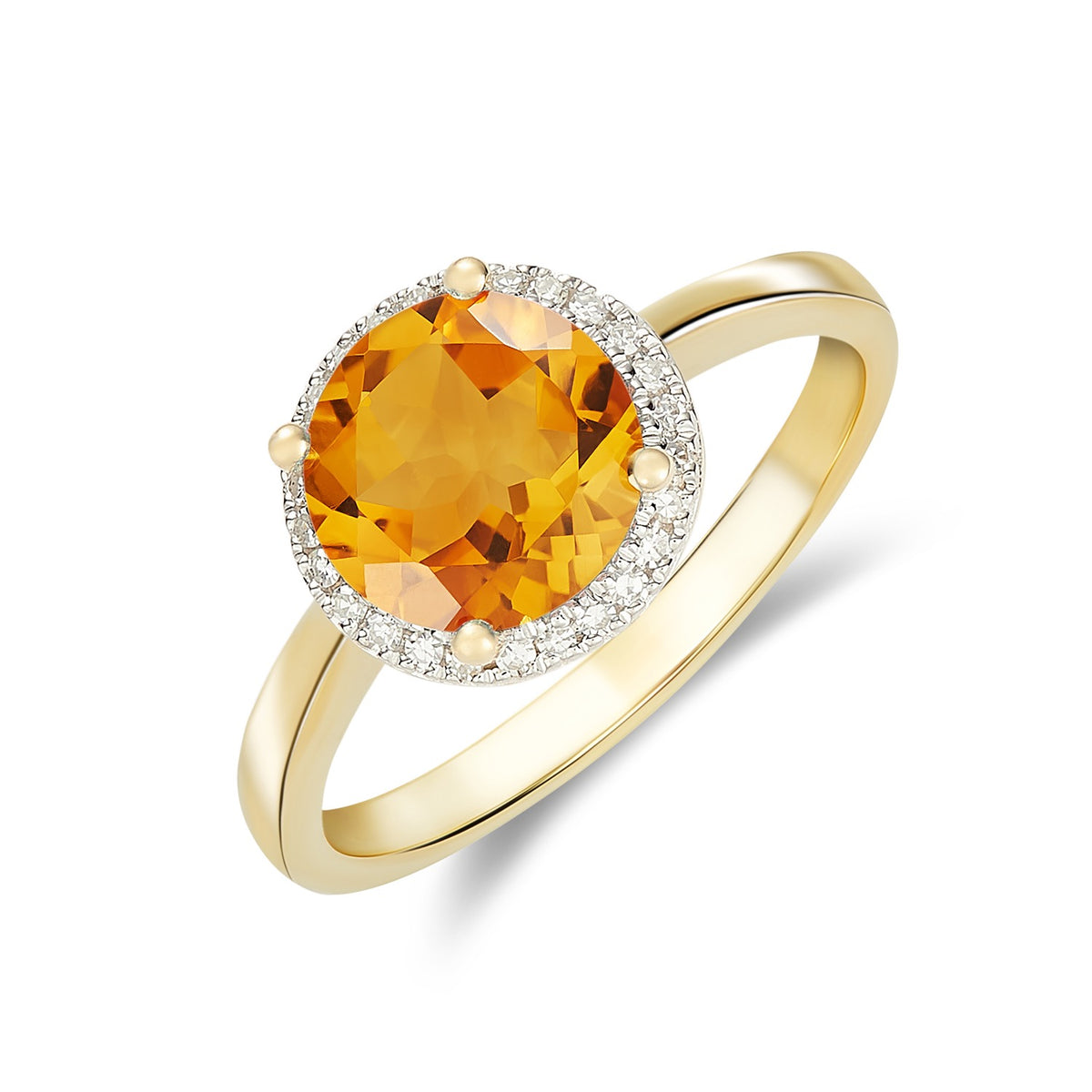 9CT YG 8MM ROUND CITRINE AND DIAMOND CLAW CLUSTER RING. RHODIUM TO DIAMONDS