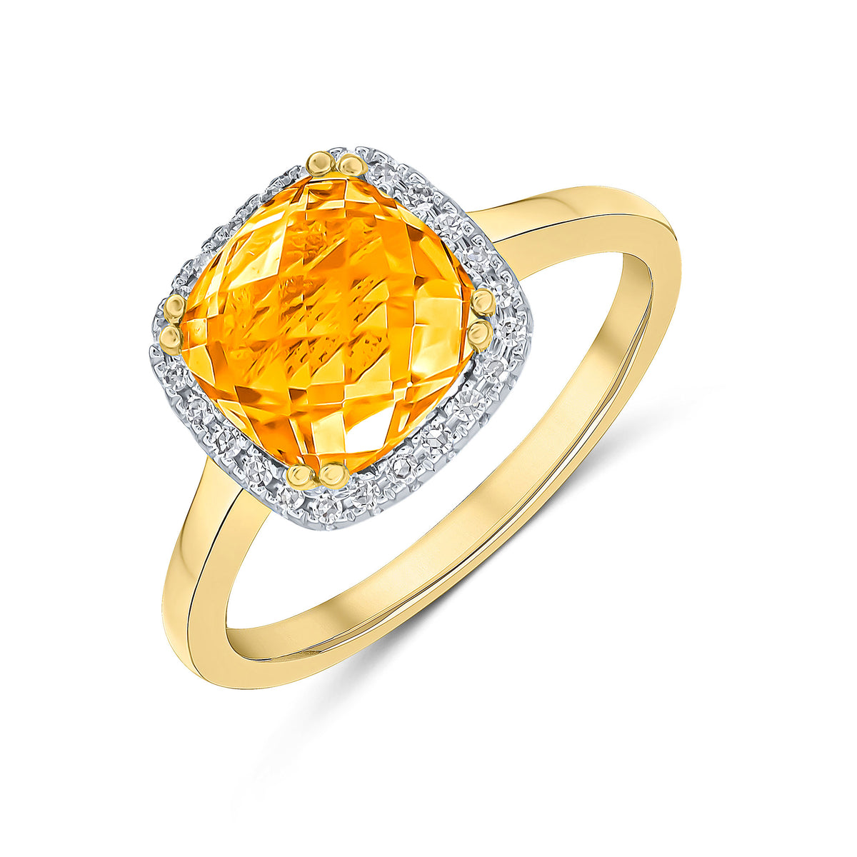 9CT YG 8MM CHECKERBOARD CUT CUSHION CITRINE AND ROUND DIAMOND CLAW SET CLUSTER RING