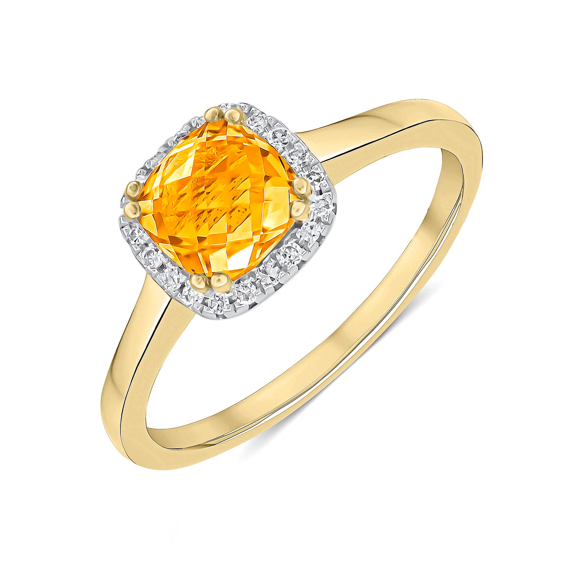 9CT YG 6MM CHECKERBOARD CUT CUSHION CITRINE AND ROUND DIAMOND CLAW SET CLUSTER RING