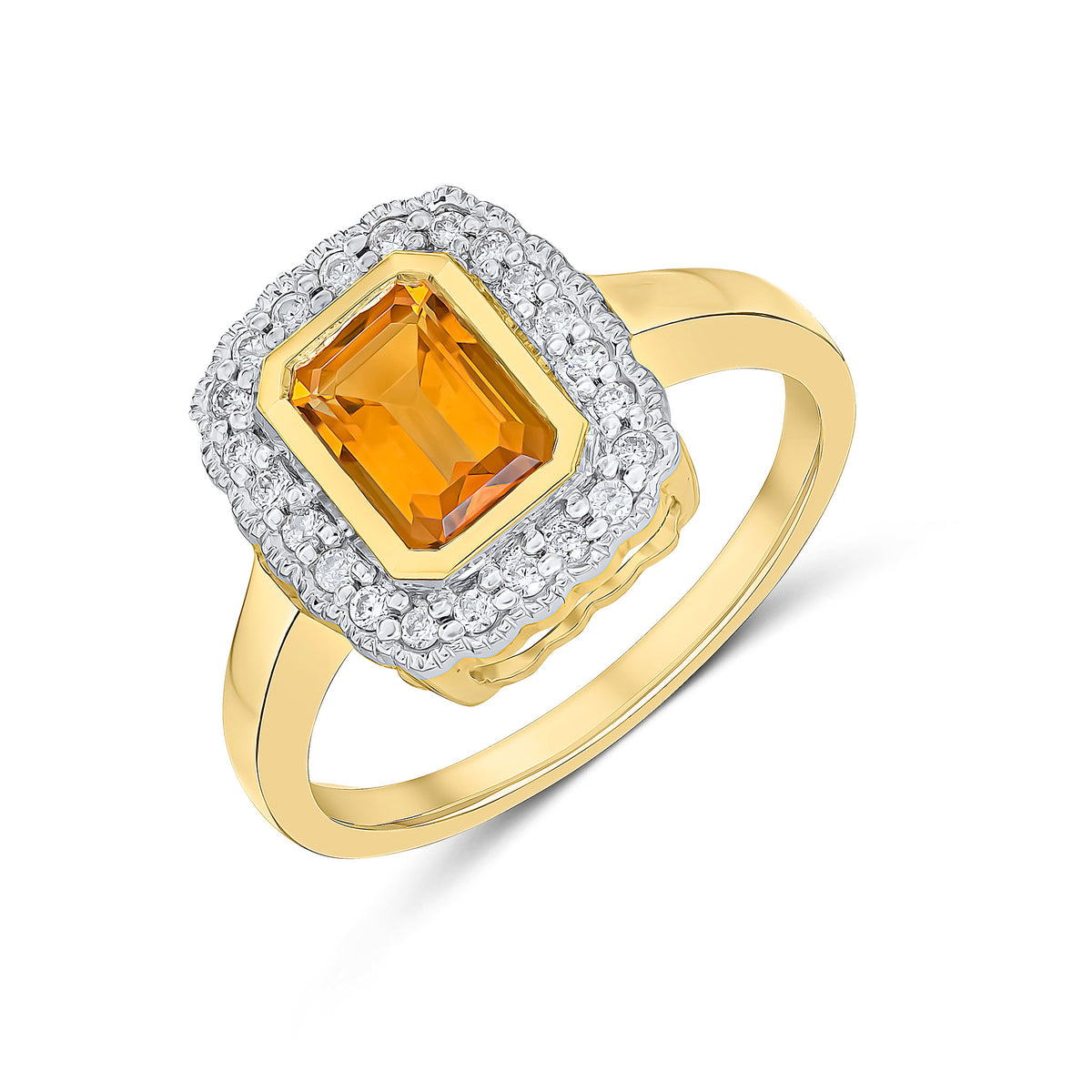 9CT YG RUBOVER 7X5 OCTAGON CITRINE AND DIAMOND CLUSTER RING WITH MILLEGRAIN EDGE. RHODIUM TO DIAMONDS