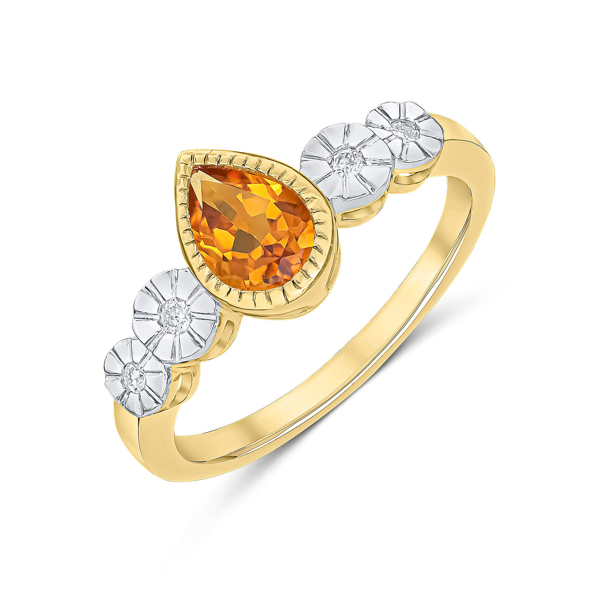 9CT YELLOW GOLD MILLEGRAIN PEARSHAPE CITRINE AND ILLUSION DIAMOND 4ST SHOULDERS RING. RHODIUM TO DIAMONDS