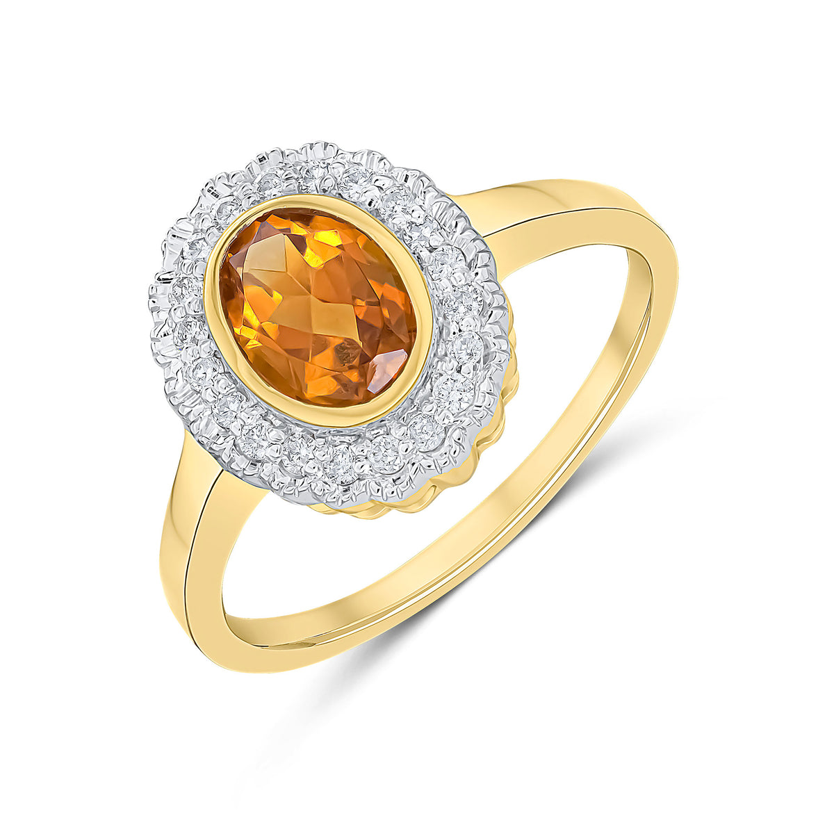9CT YG RUBOVER OVAL CITRINE AND MILLEGRAIN ROUND DIAMOND CLUSTER RING. RHODIUM TO DIAMONDS