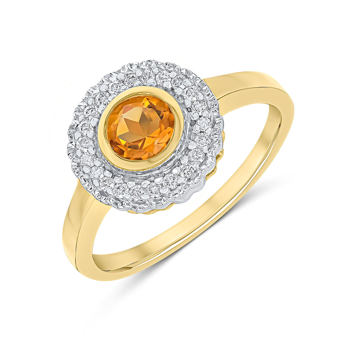 9CT YELLOW GOLD ROUND RUBOVER CITRINE AND MILLEGRAIN ROUND DIAMOND CLUSTER RING. RHODIUM TO DIAMONDS