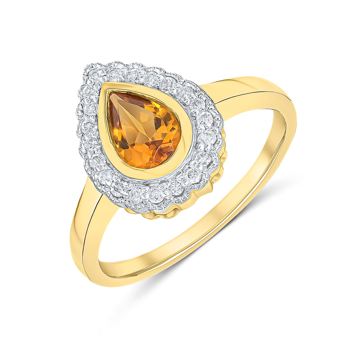 9CT YELLOW GOLD PEARSHAPE RUBOVER CITRINE AND MILLEGRAIN ROUND DIAMOND CLUSTER RING. RHODIUM TO DIAMONDS