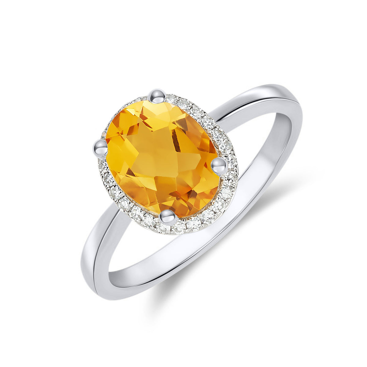 9CT WG 9X7 OVAL CITRINE AND DIAMOND CLAW SET CLUSTER RING