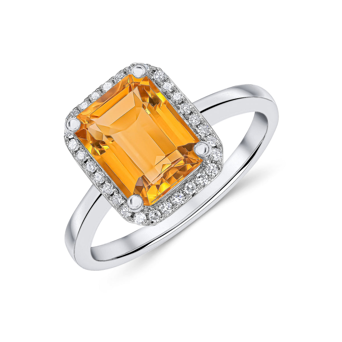 9CT WG 9X7MM OCTAGON CITRINE & DIAMOND CLAW SET CLUSTER RING