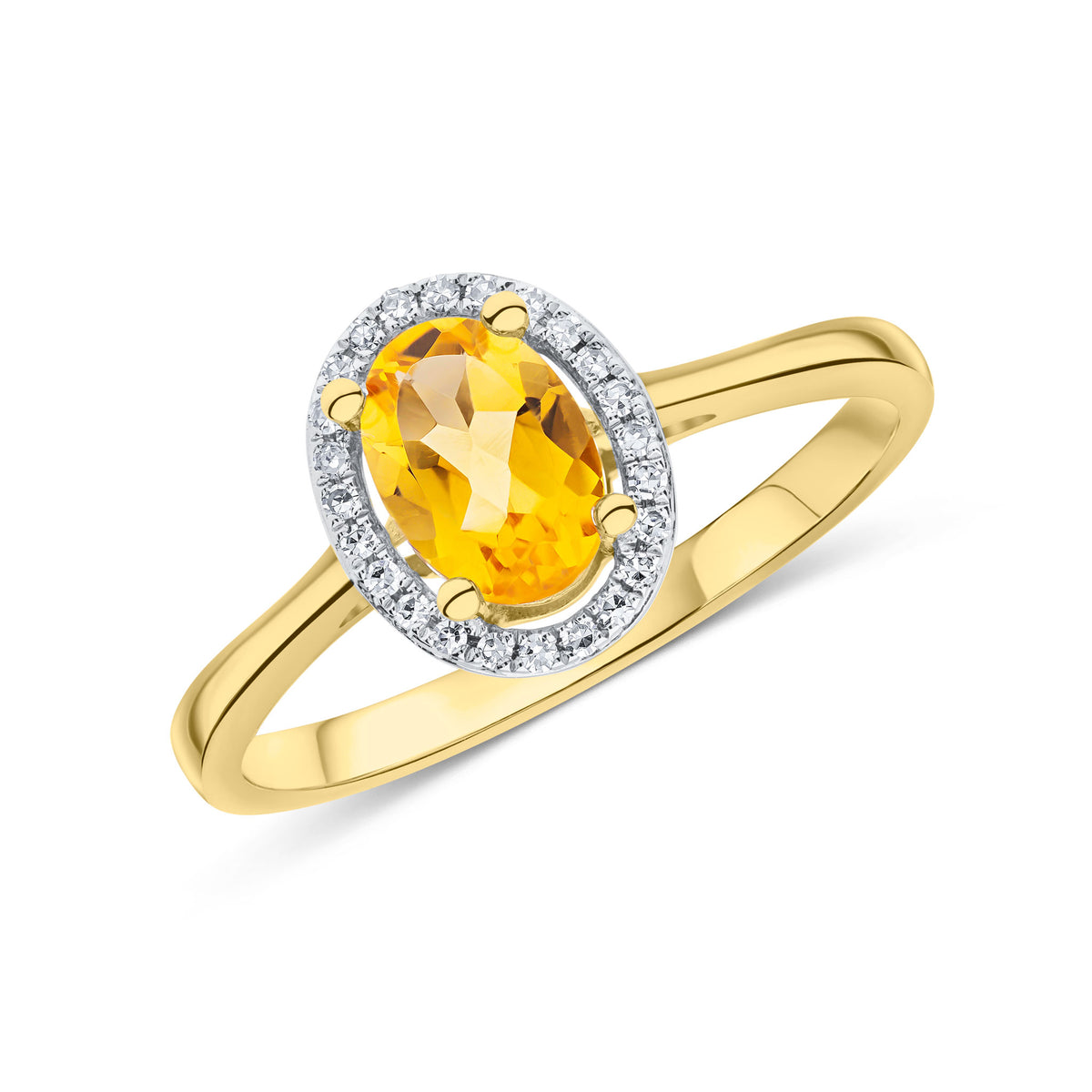 9CT YG 7X5 OVAL CITRINE & ROUND DIAMOND HALO CLUSTER RING. RHODIUM TO DIAMONDS