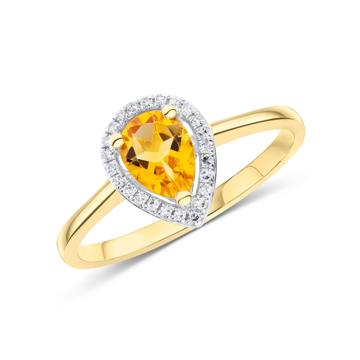 9CT YG 7X5 PEARSHAPE CITRINE & ROUND DIAMOND CLAW SET HALO CLUSTER RING. RHODIUM TO DIAMONDS