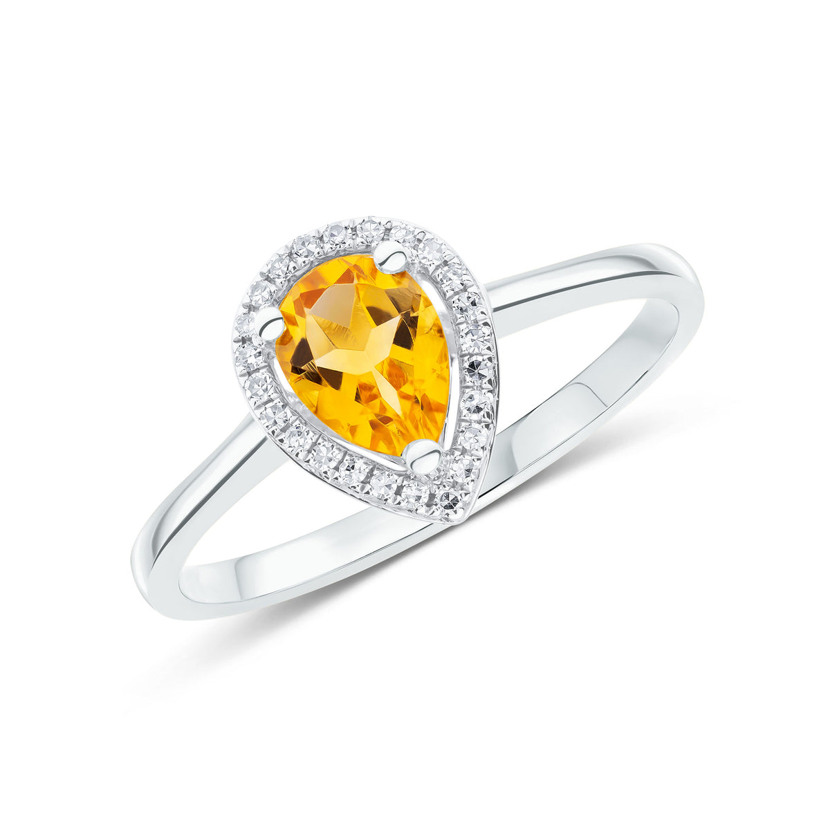 9CT WG 7X5 PEARSHAPE CITRINE & ROUND DIAMOND CLAW SET HALO CLUSTER RING