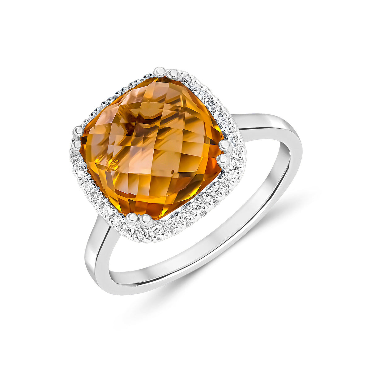 9CT WG 10MM CHECKERBOARD CUT CUSHION CITRINE & DIAMOND CLAW SET CLUSTER RING