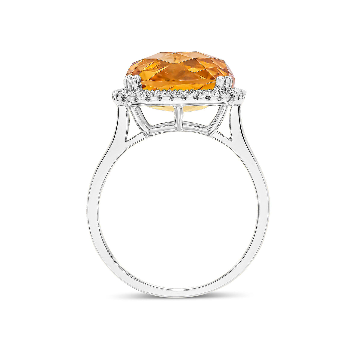 9CT WG 12MM CHECKERBOARD CUT CUSHION CITRINE & ROUND DIAMOND CLAW SET CLUSTER RING