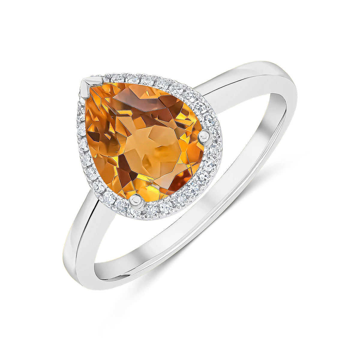9CT WG 9X7 PEARSHAPE CITRINE & DIAMOND CLAW SET CLUSTER RING