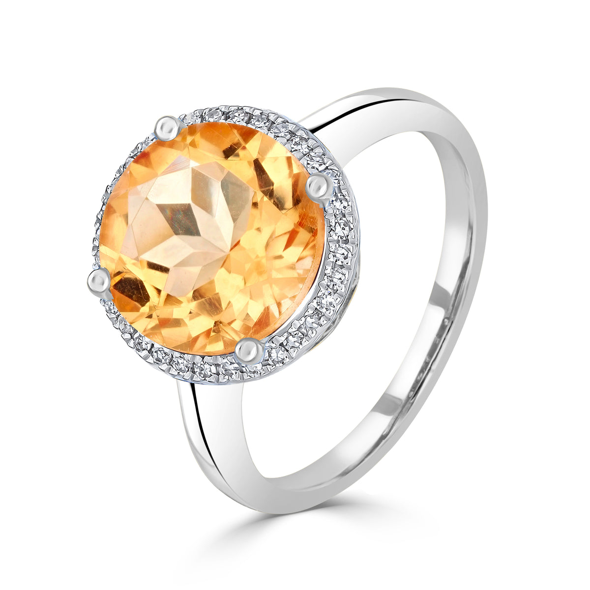 9CT WHITE GOLD 10MM ROUND CITRINE & DIAMOND CLUSTER RING
