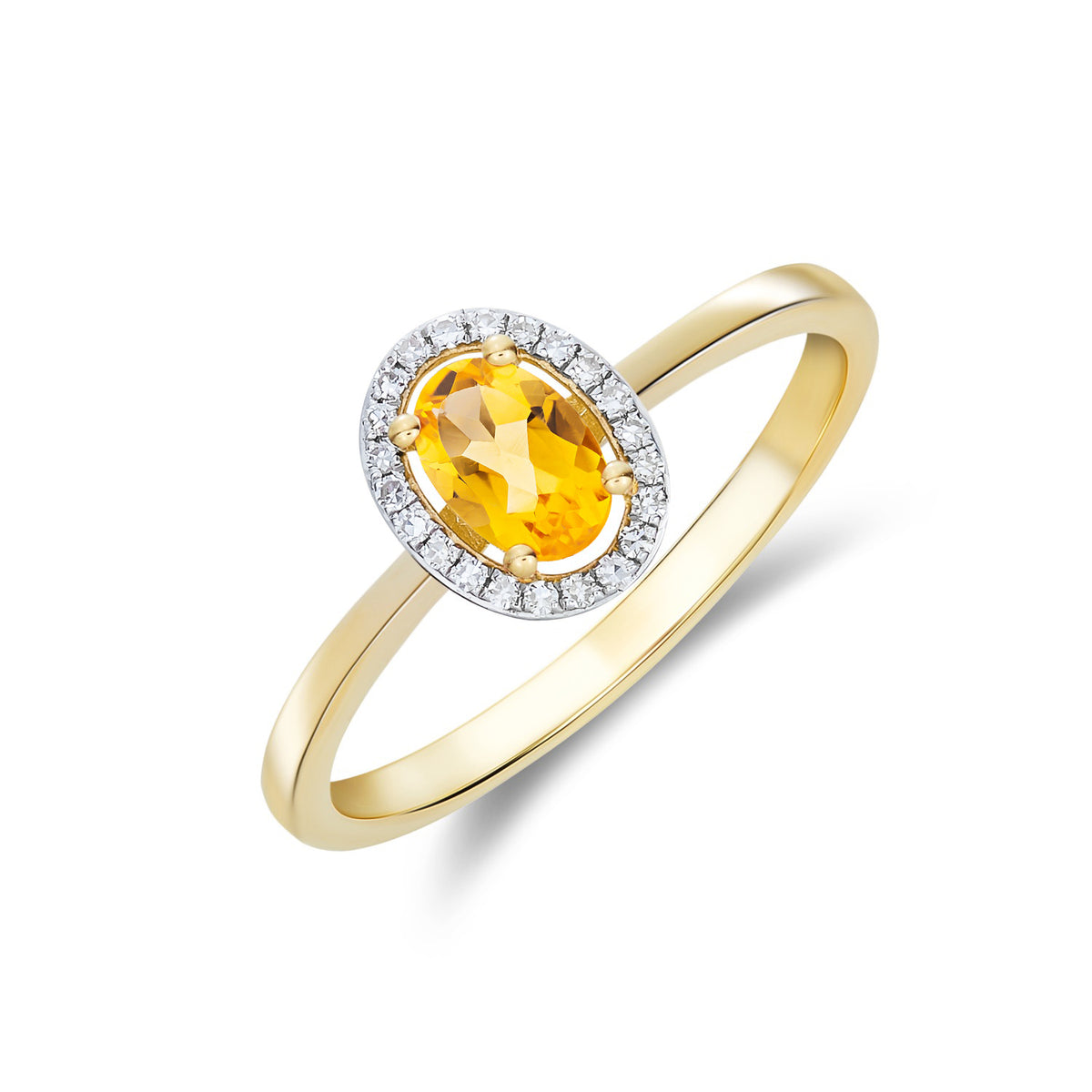 9CT YG 6X4 OVAL CITRINE AND ROUND DIAMOND HALO CLUSTER RING