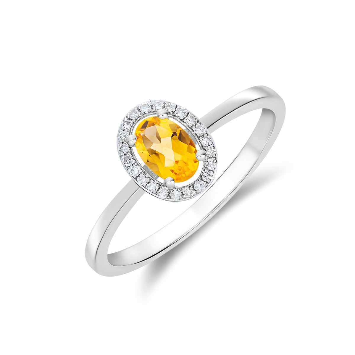 9CT WG 6X4 OVAL CITRINE AND ROUND DIAMOND HALO CLUSTER RING