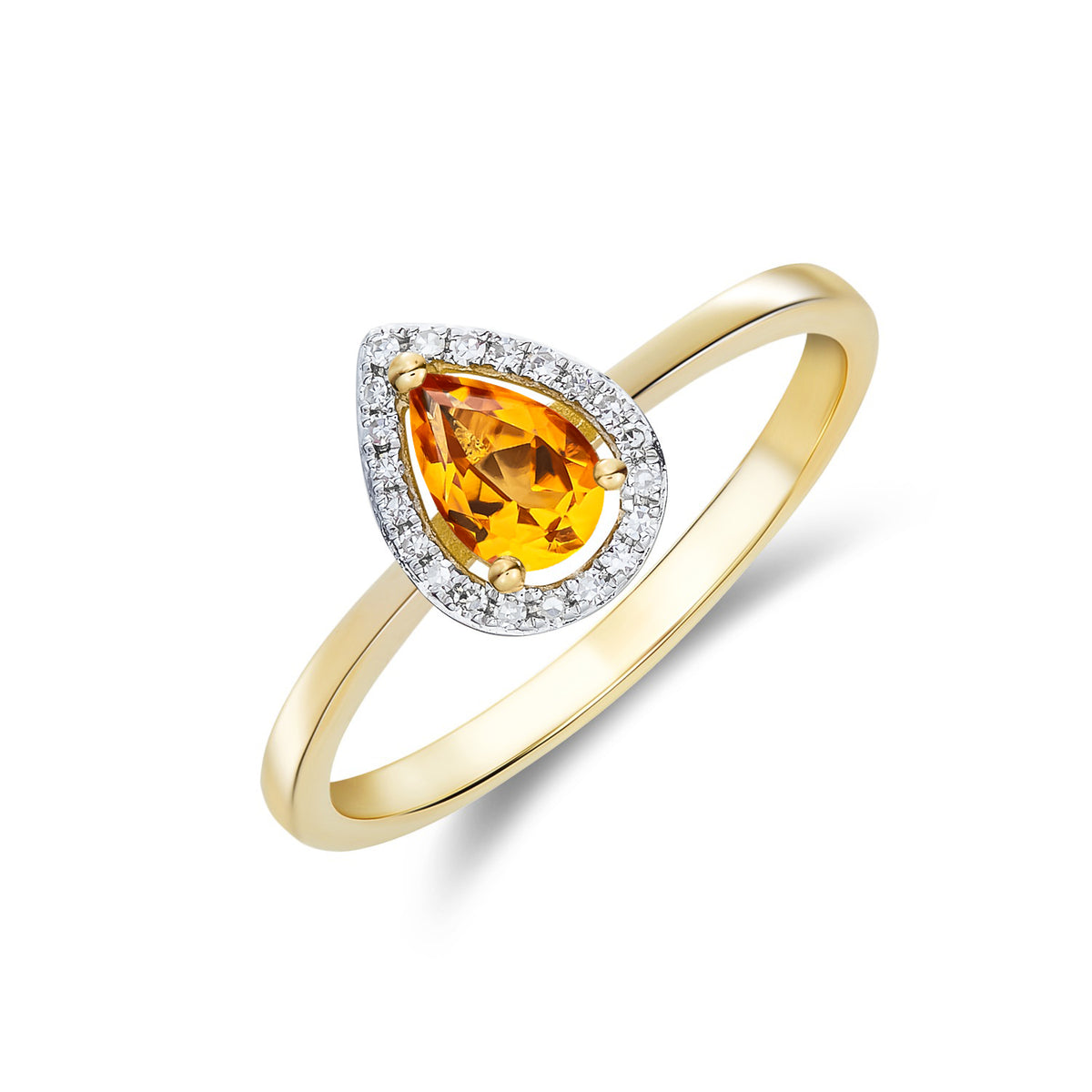 9CT YG 6X4 PEARSHAPE CITRINE & DIAMOND HALO CLAW CLUSTER RING