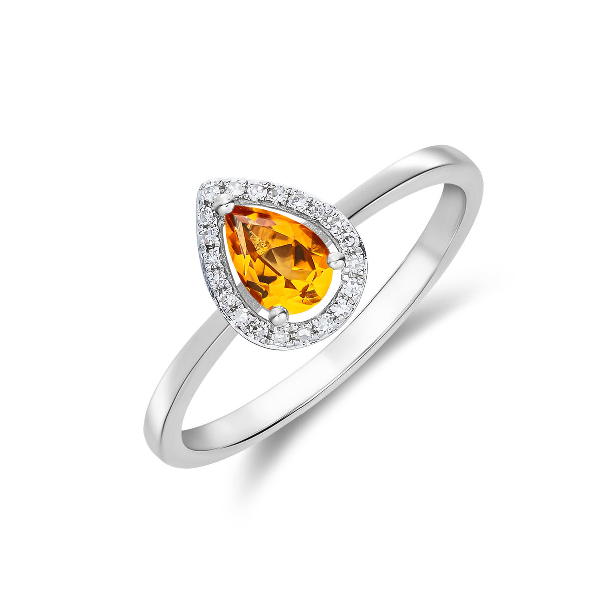 9CT WG 6X4 PEARSHAPE CITRINE & DIAMOND HALO CLAW CLUSTER RING