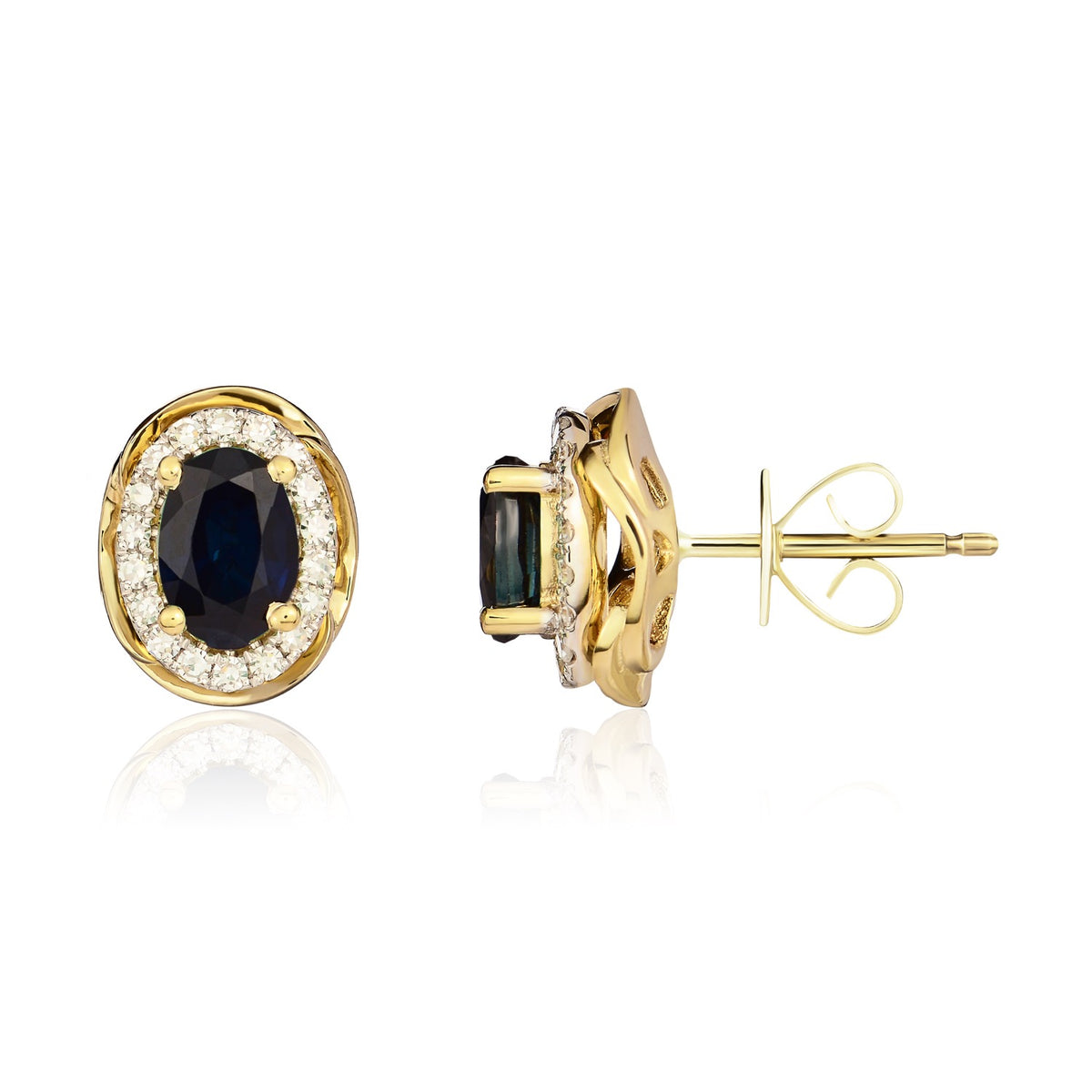 9CT YG 6X4 OVAL SAPPHIRE & DIAMOND CLUSTER EARRINGS WITH ROPE EDGE. RHODIUM TO DIAMONDS