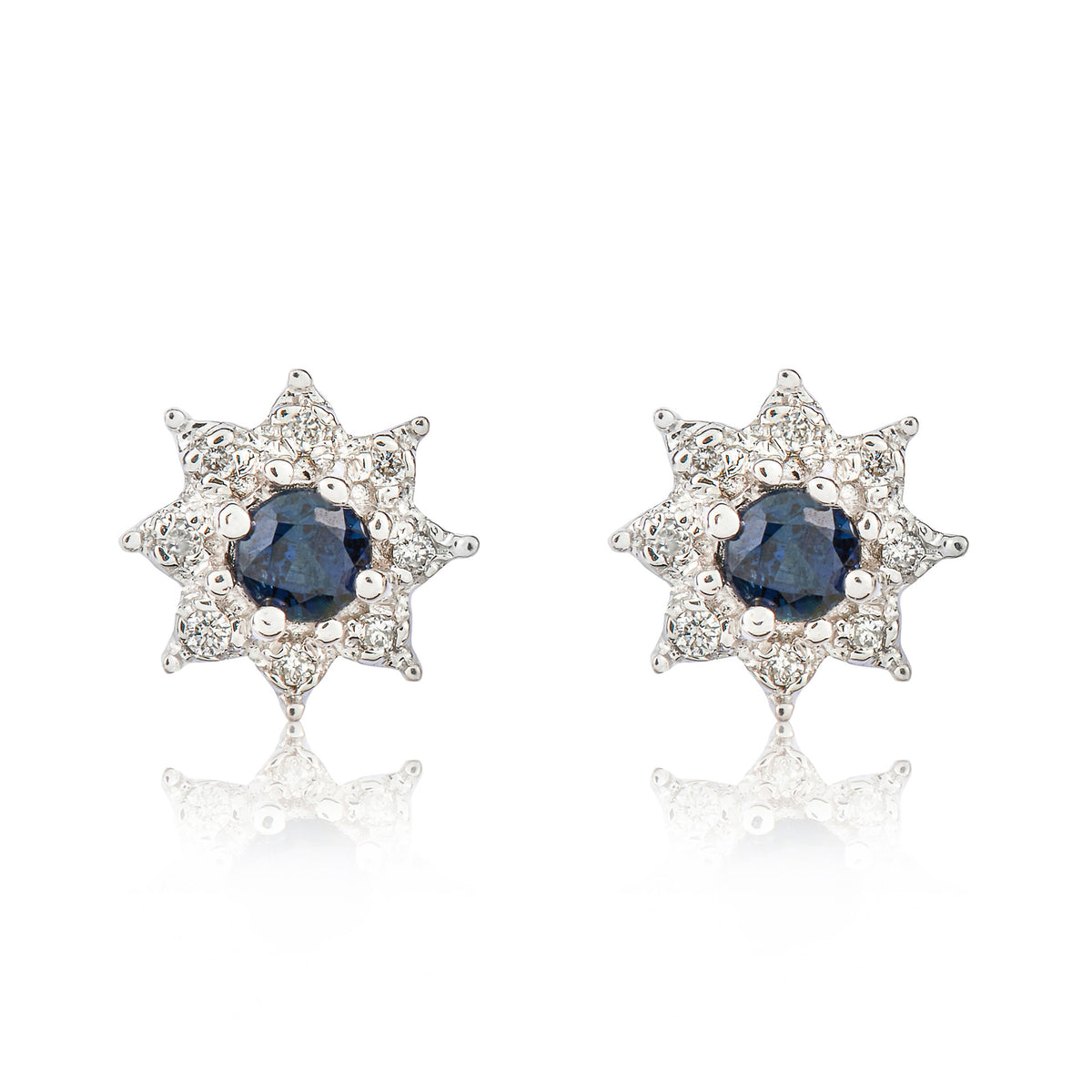 9CT WG 3MM ROUND SAPPHIRE & DIAMOND CLAW SET CLUSTER EARRINGS