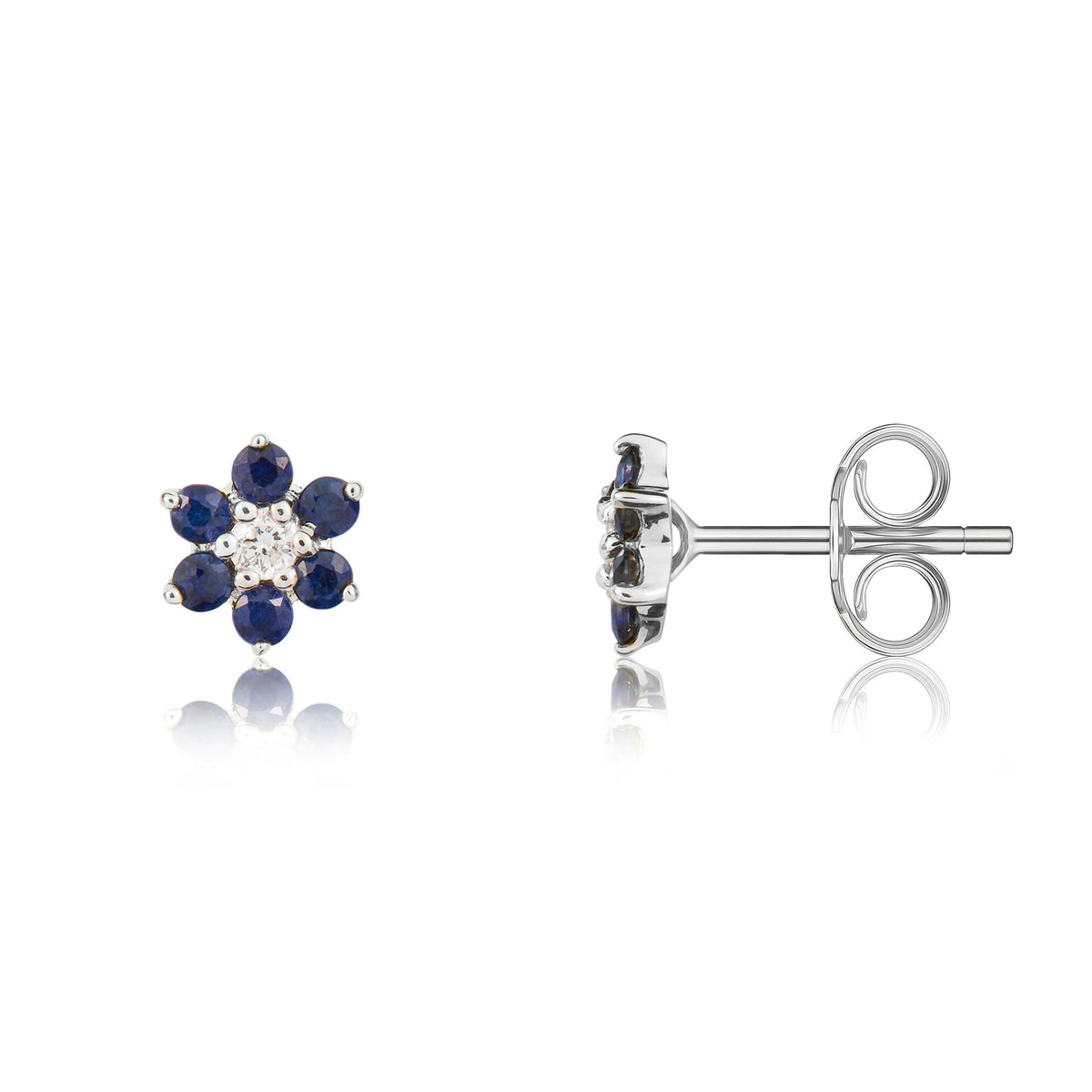 9CT WG ROUND SAPPHIRE AND DIAMOND CLAW SET REVERSE CLUSTER EARRINGS