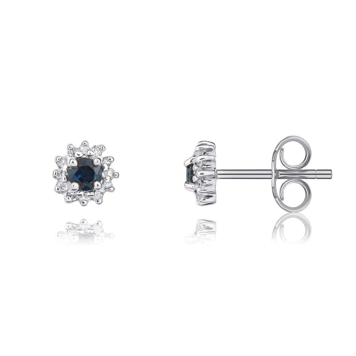 9CT WG 3MM ROUND SAPPHIRE AND DIAMOND CLAW CLUSTER EARRINGS
