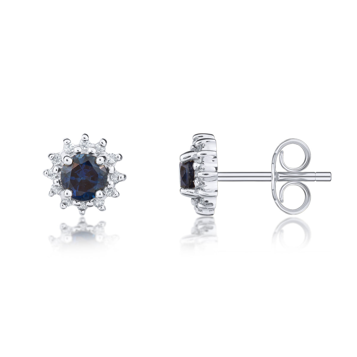 9CT WG 4MM ROUND SAPPHIRE & DIAMOND CLAW SET CLUSTER EARRINGS