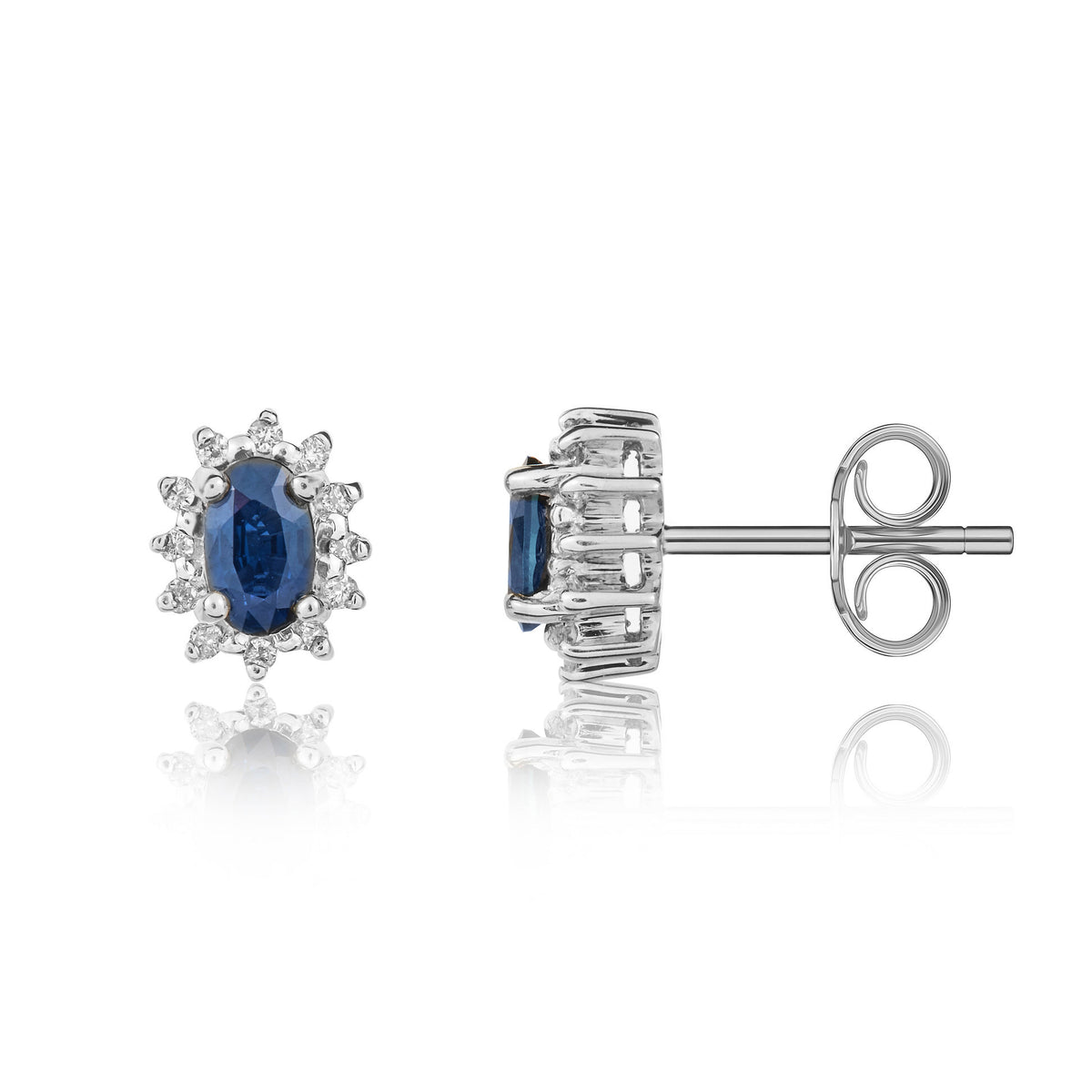 9CT WG 5X3 OVAL SAPPHIRE & DIAMOND CLAW SET CLUSTER EARRINGS