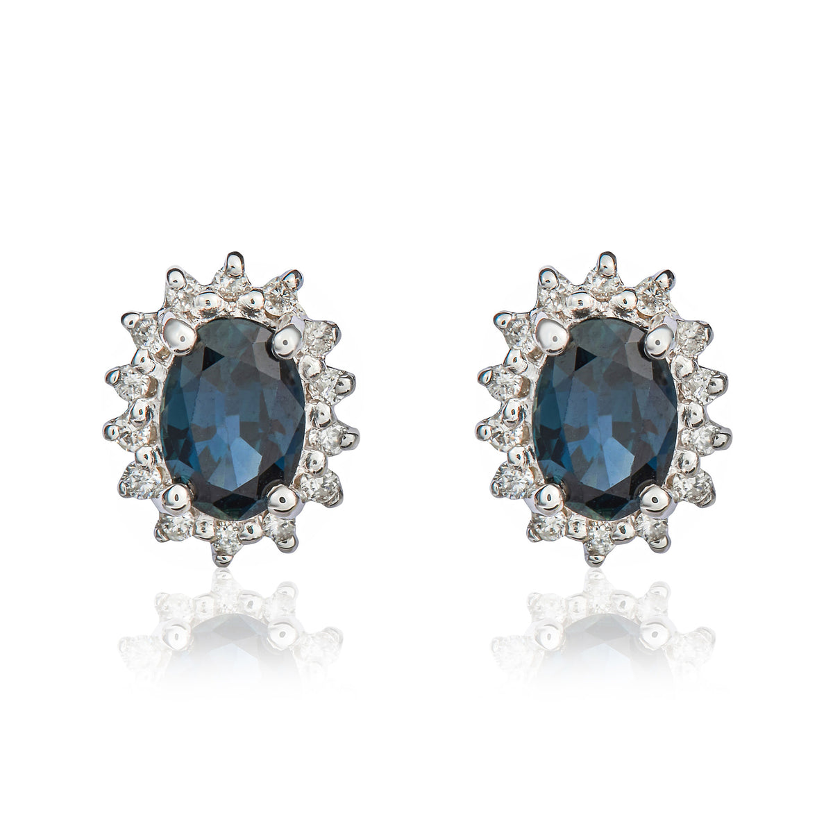 9CT WG 6X4 OVAL SAPPHIRE & DIAMOND CLAW SET CLUSTER EARRINGS