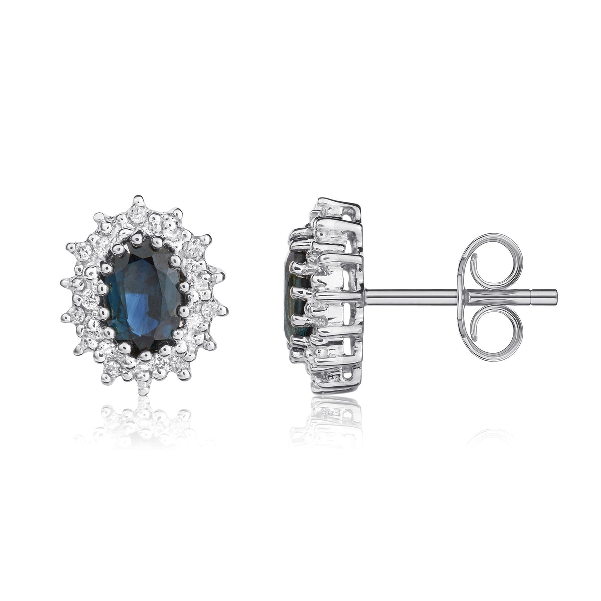 9CT WG 6X4 OVAL SAPPHIRE AND DIAMOND CLAW CLUSTER EARRINGS