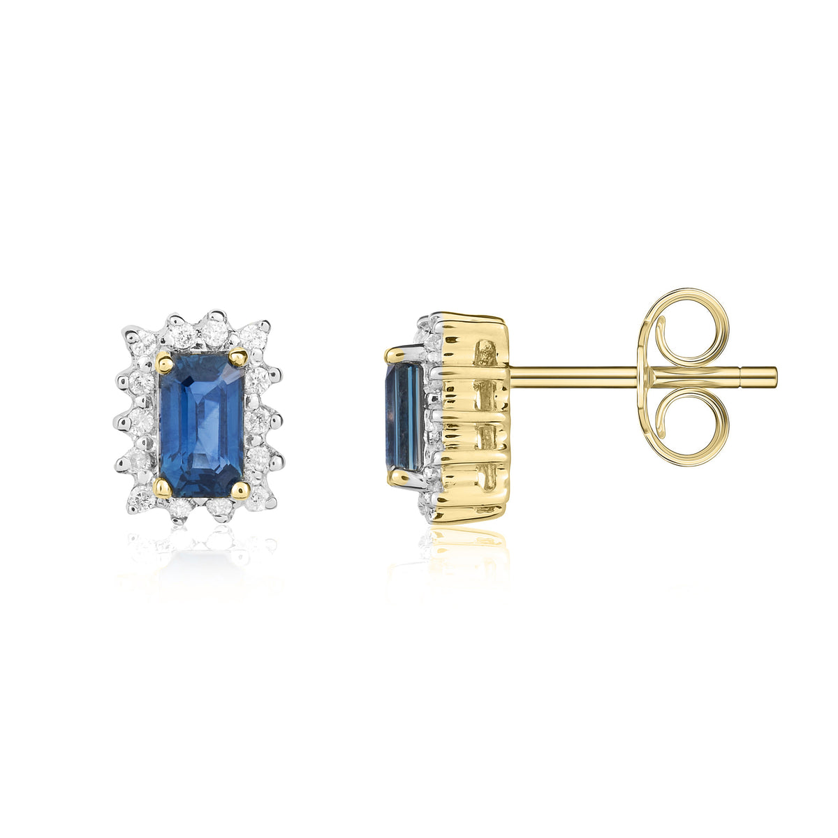 9YG.OCTAGON SAPPHIRE AND DIAMOND CLAW CLUSTER EARRINGS