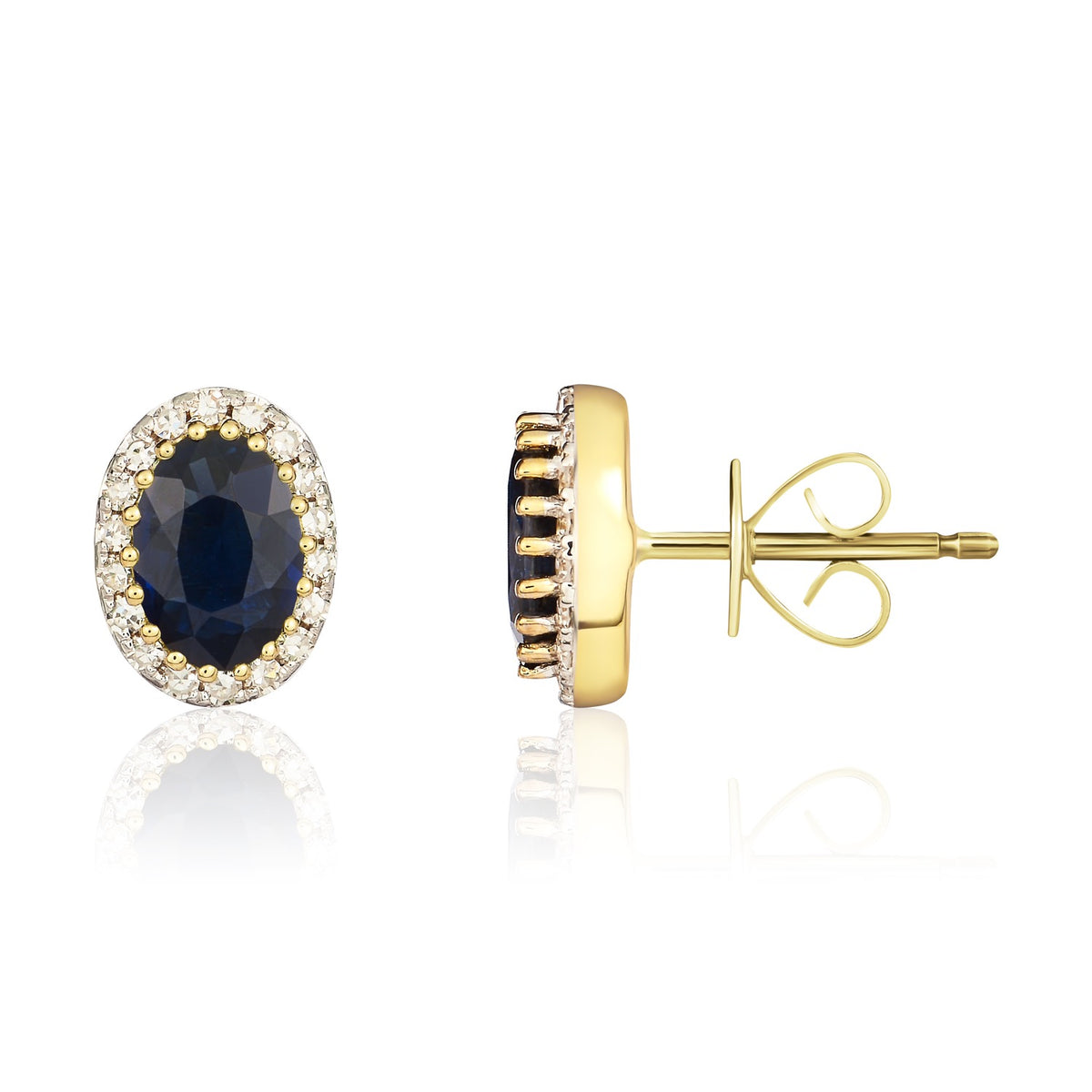 9CT YG 6X4 OVAL SAPPHIRE & DIAMOND CLAW SET CLUSTER EARRINGS. RHODIUM TO DIAMONDS