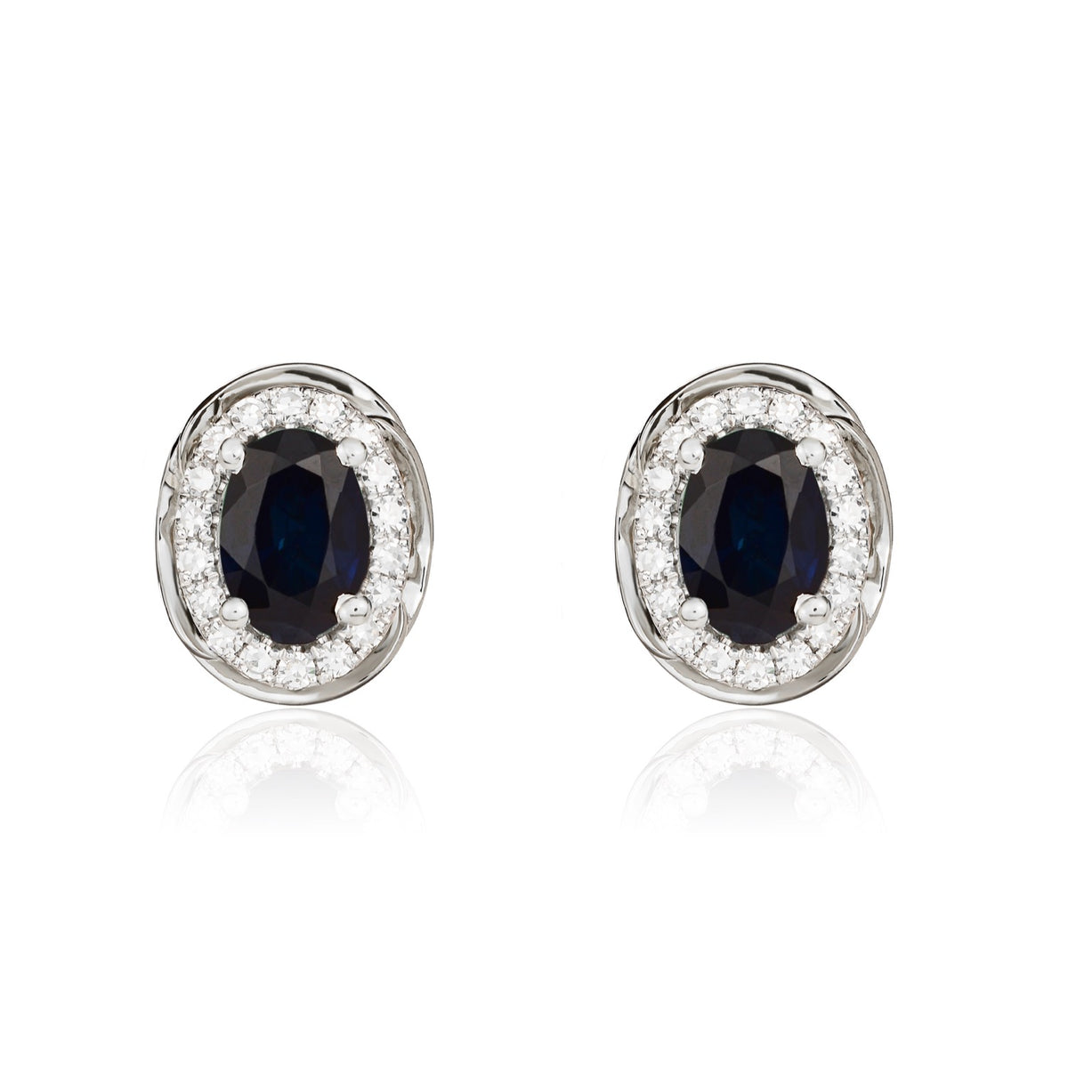 9CT WG 6X4 OVAL SAPPHIRE & DIAMOND CLUSTER EARRINGS WITH ROPE EDGE